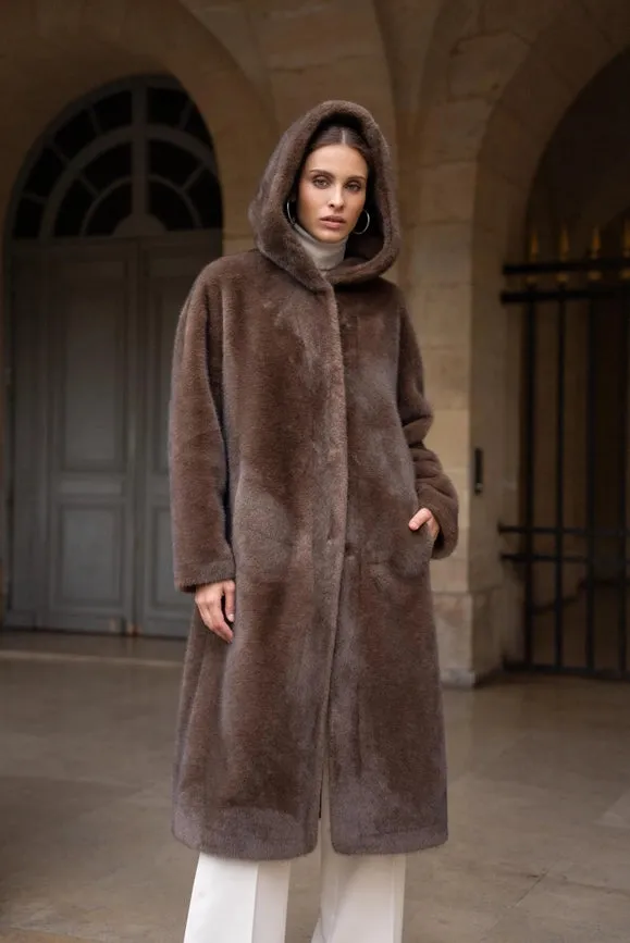 Long Hooded Synthetic Fur Coat Chocolate