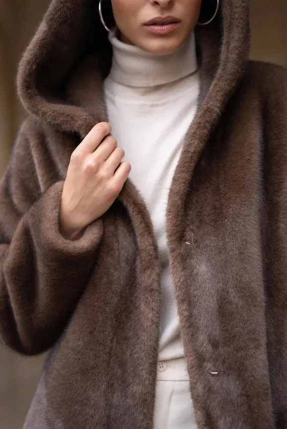 Long Hooded Synthetic Fur Coat Chocolate