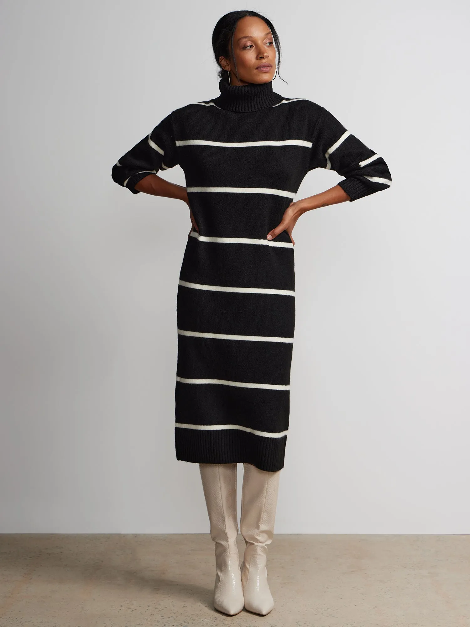 Long Sleeve Turtleneck Striped Sweater Dress