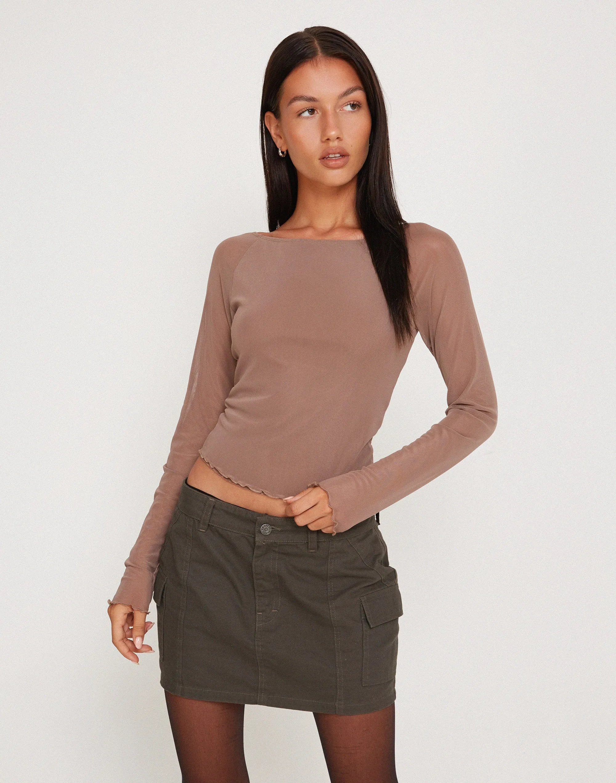 Mahira Long Sleeve Mesh Top in Light Brown