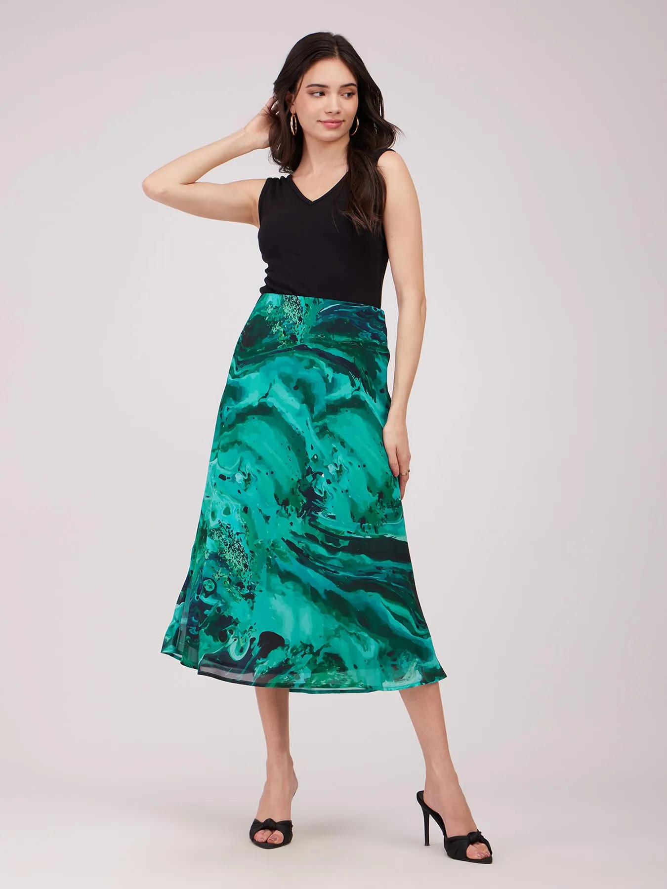 Marble Print A-line Elasticated Skirt - Green