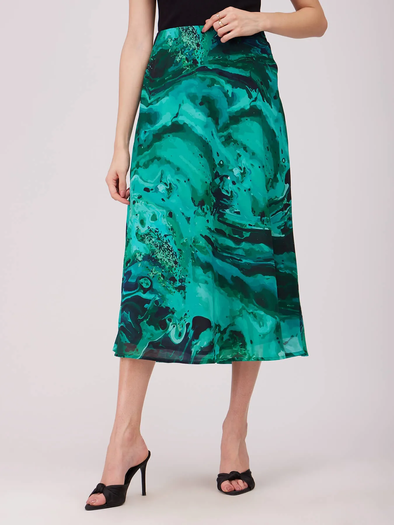 Marble Print A-line Elasticated Skirt - Green