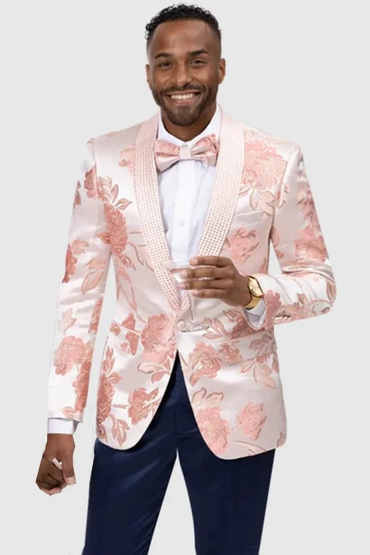 Mens Blazer - Cheap Priced Mens Sport Coat - Mens Modern Pink Satin Paisley Prom Tuxedo Dinner Jacket