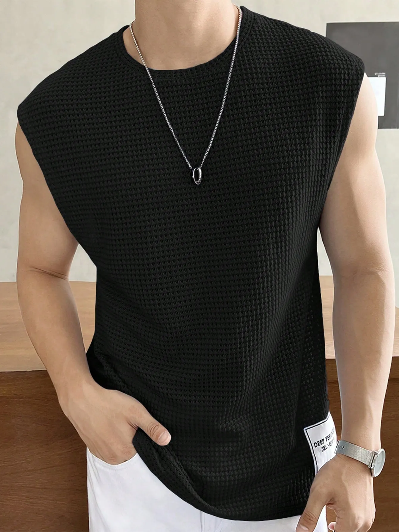 Men's Casual Summer Waffle Knit Loose Tank Top, Round Neck, Cap Sleeve