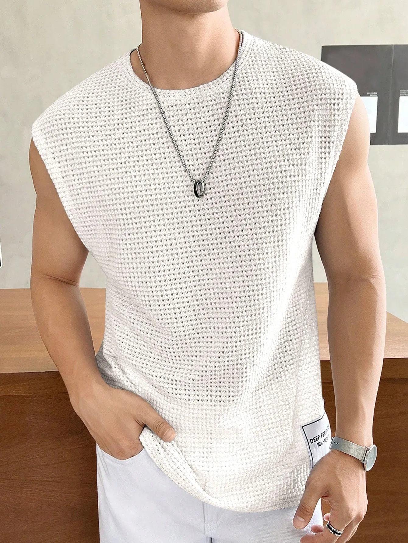 Men's Casual Summer Waffle Knit Loose Tank Top, Round Neck, Cap Sleeve