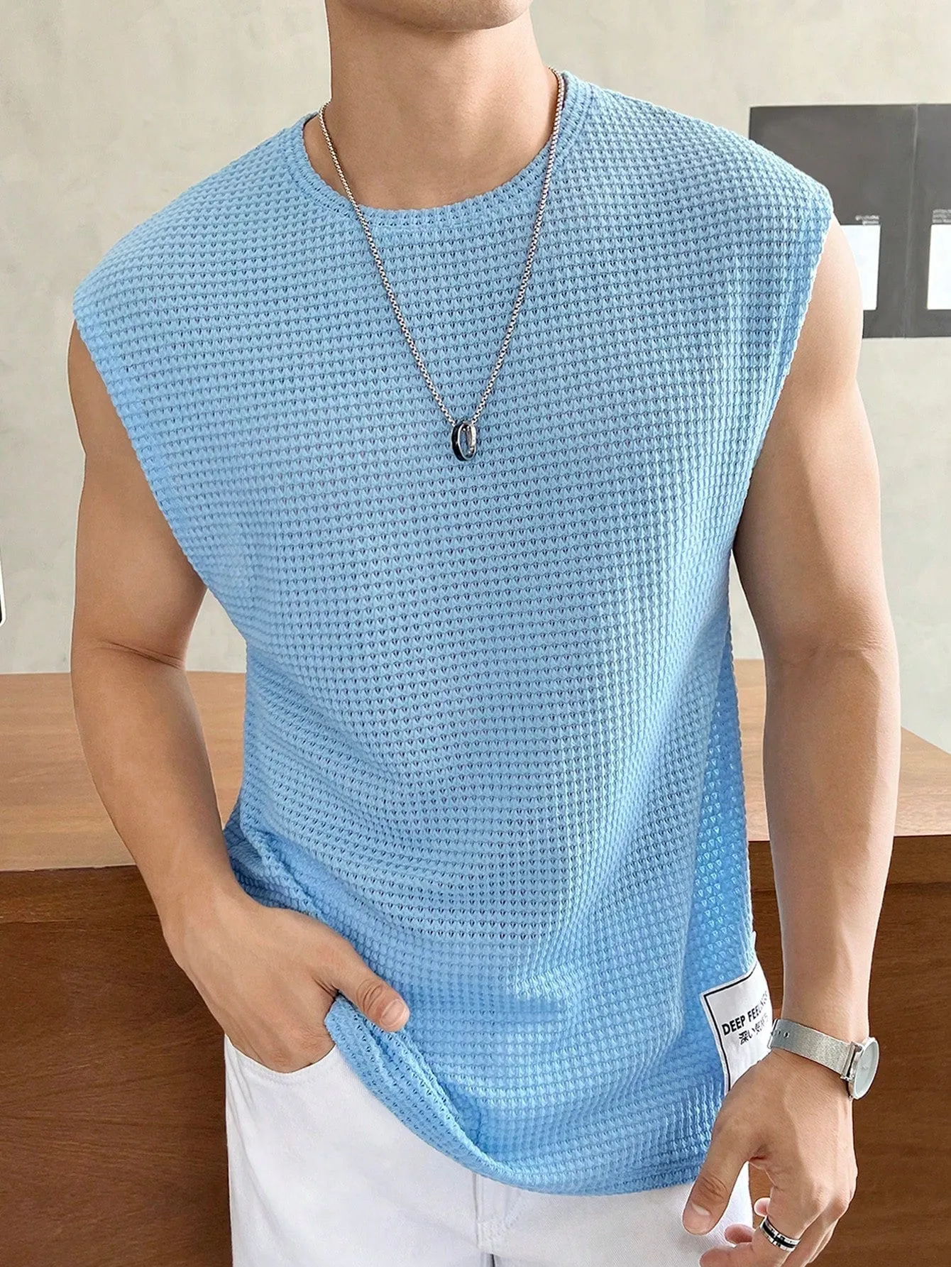 Men's Casual Summer Waffle Knit Loose Tank Top, Round Neck, Cap Sleeve