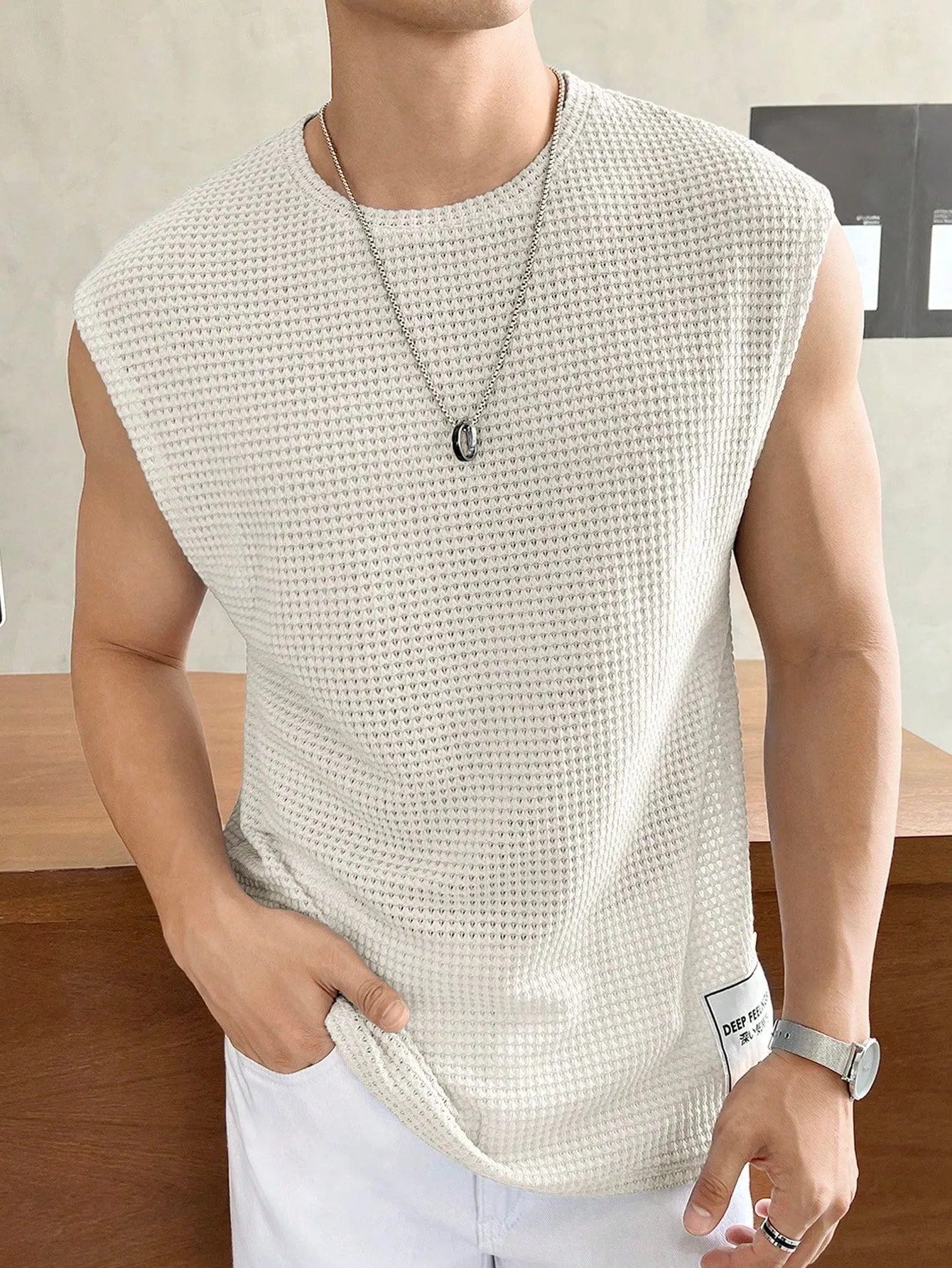 Men's Casual Summer Waffle Knit Loose Tank Top, Round Neck, Cap Sleeve