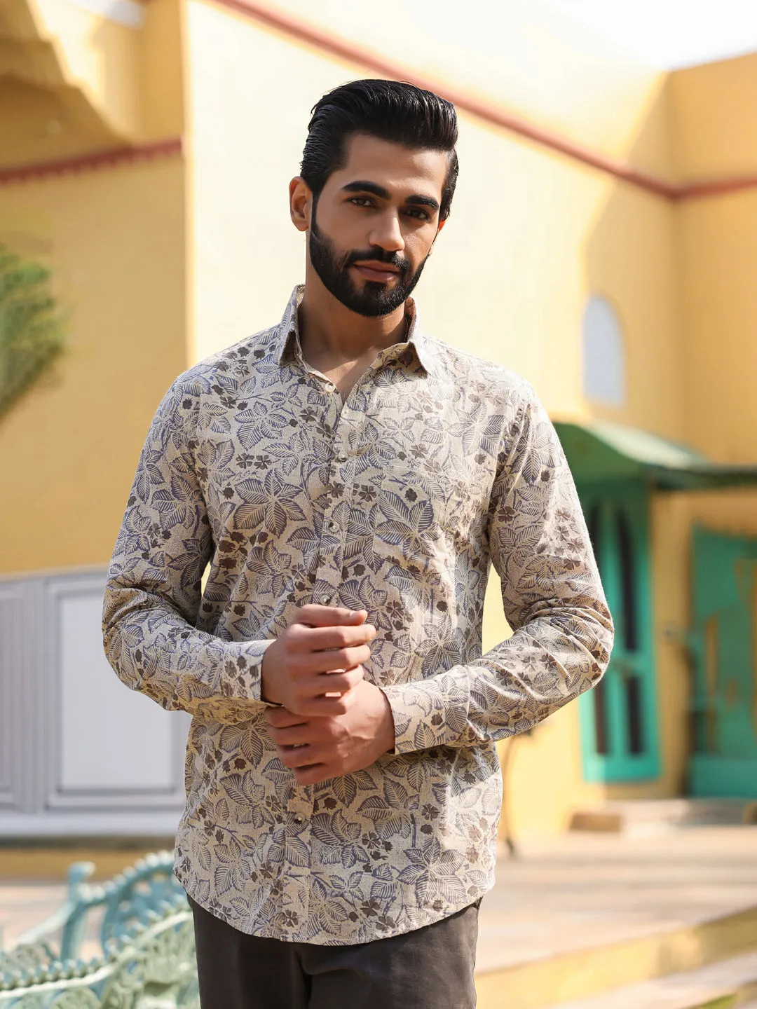 Men's Floral Print Pure Cotton Beige Casual Shirt