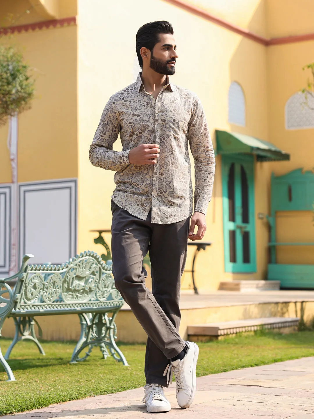 Men's Floral Print Pure Cotton Beige Casual Shirt