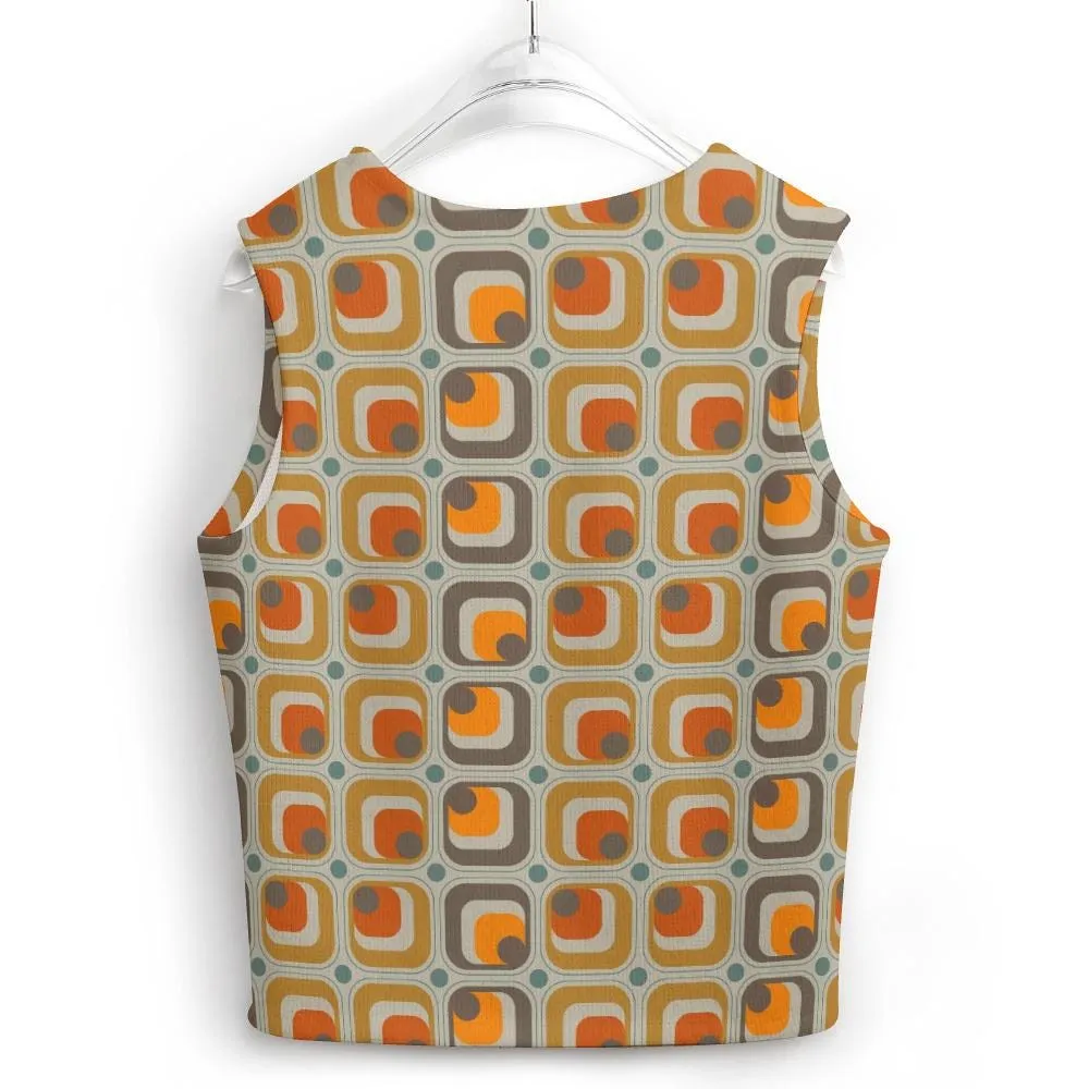 Mid-Century Modern Mod Vest - Orange Mustard Yellow Geometric Knit Top