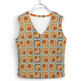 Mid-Century Modern Mod Vest - Orange Mustard Yellow Geometric Knit Top