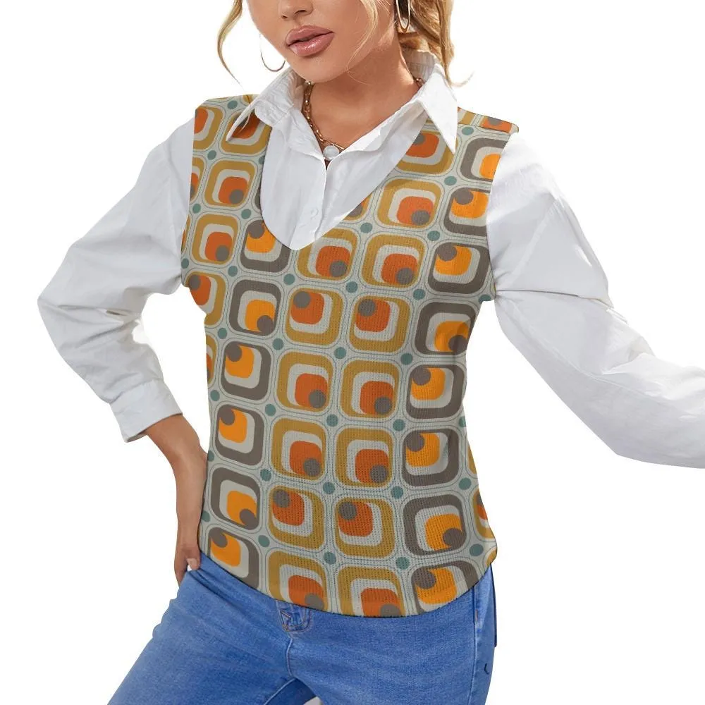 Mid-Century Modern Mod Vest - Orange Mustard Yellow Geometric Knit Top