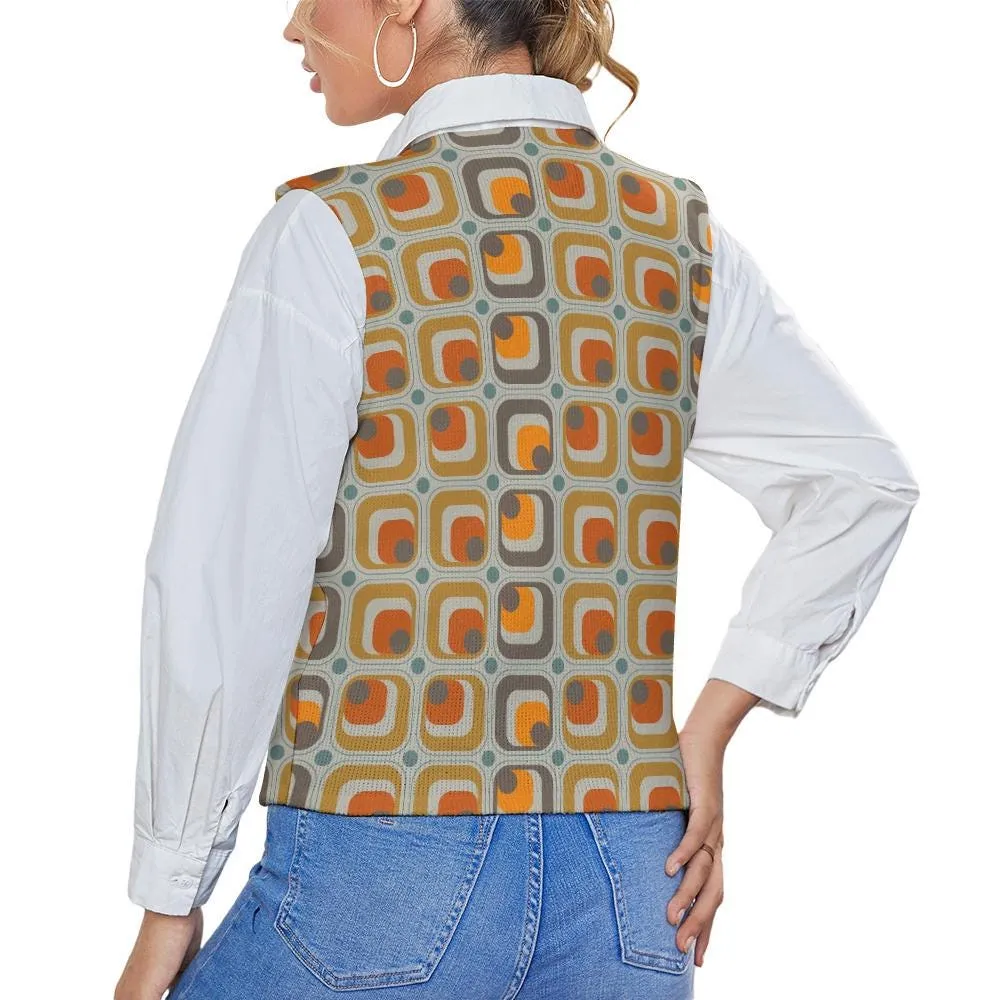 Mid-Century Modern Mod Vest - Orange Mustard Yellow Geometric Knit Top