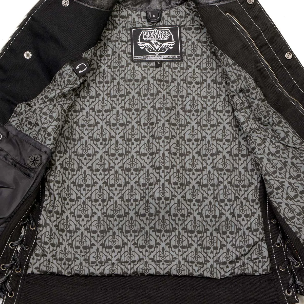 Milwaukee Leather MDL4052 Women's 'Skelly' Black Motorcycle Denim Vest w/ Skull Embroidery