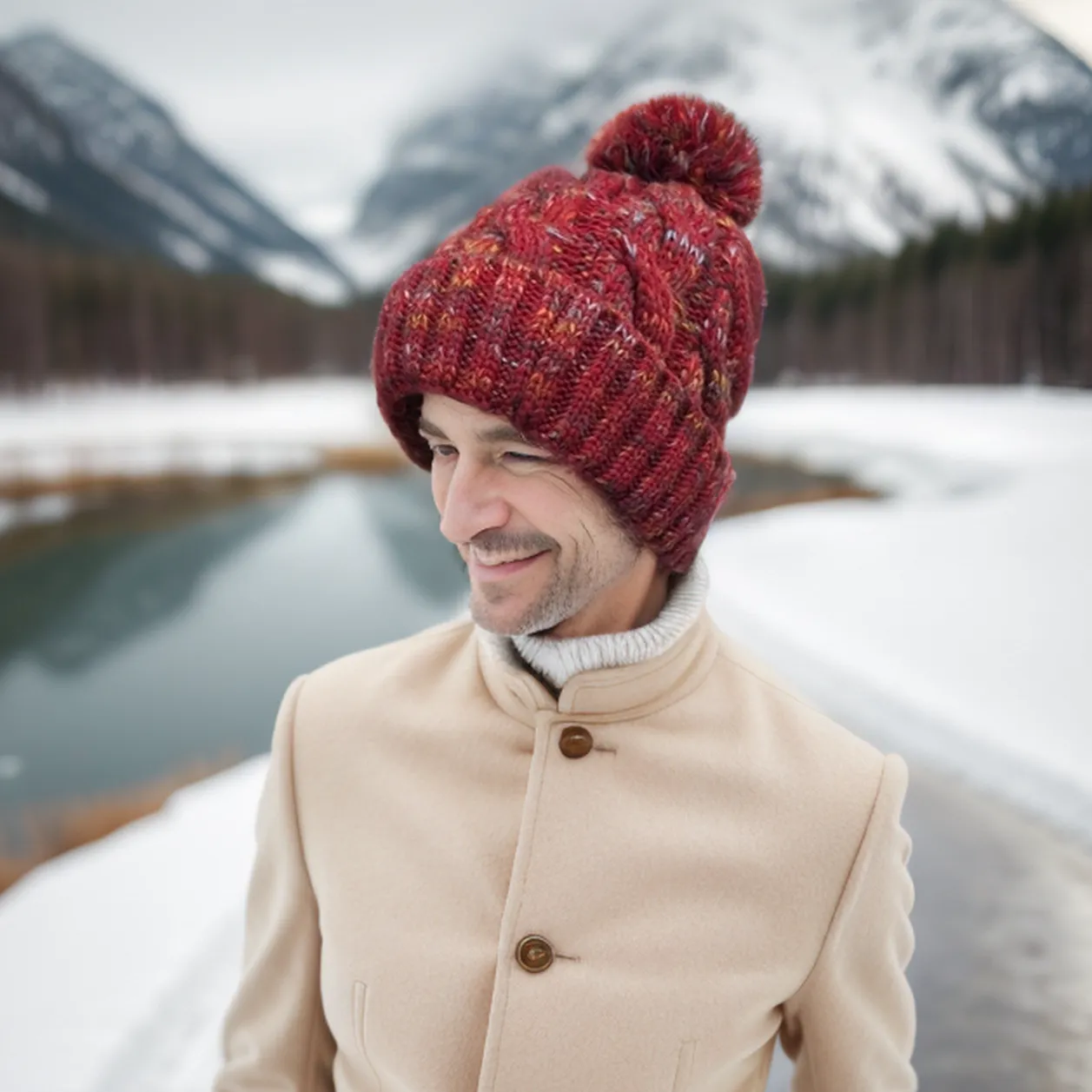 Mottled Cable Knit Bobble Hat - Red