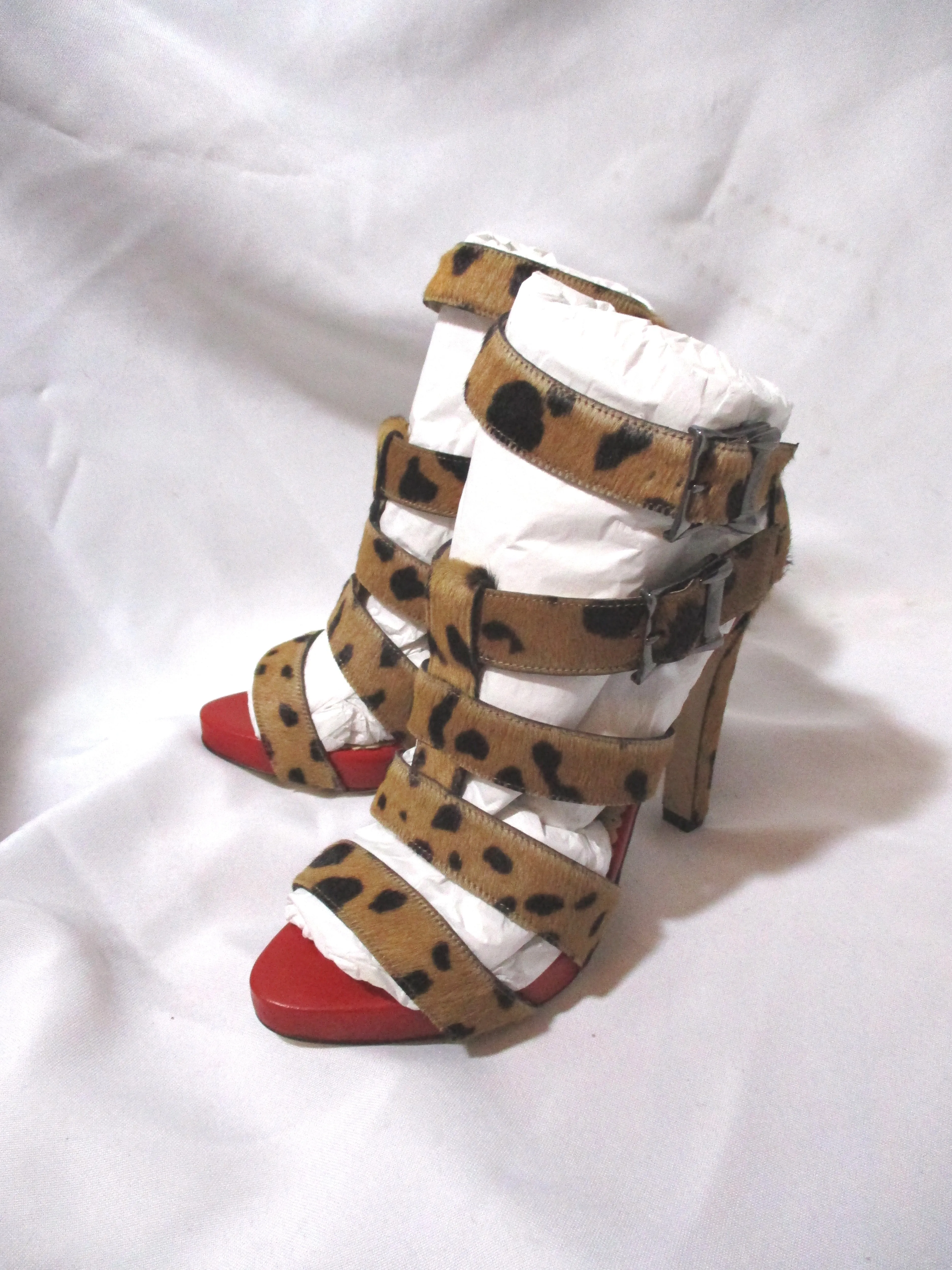 NEW CHARLOTTE OLYMPIA URSULA Strappy Sandal HEEL Shoe LEOPARD PONY Fur 36