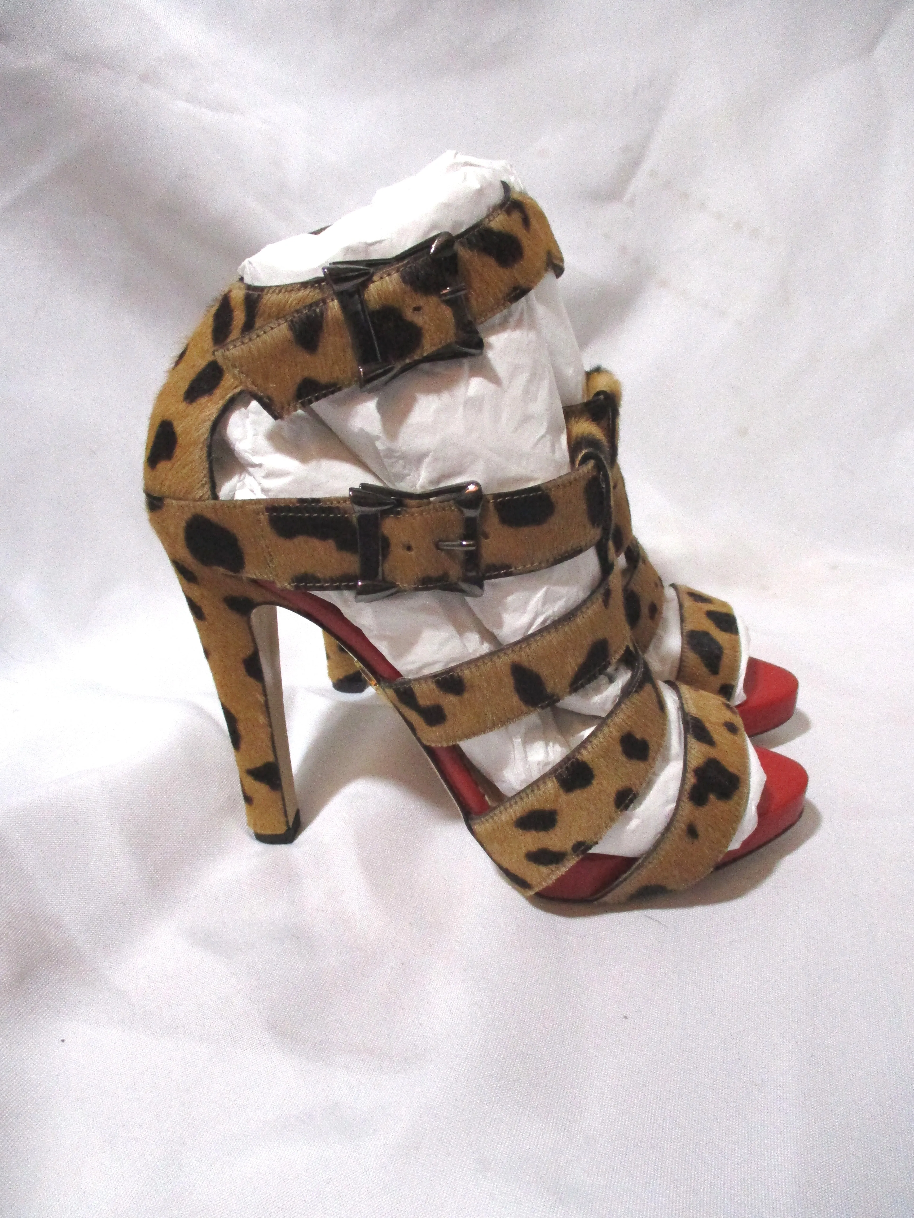 NEW CHARLOTTE OLYMPIA URSULA Strappy Sandal HEEL Shoe LEOPARD PONY Fur 36