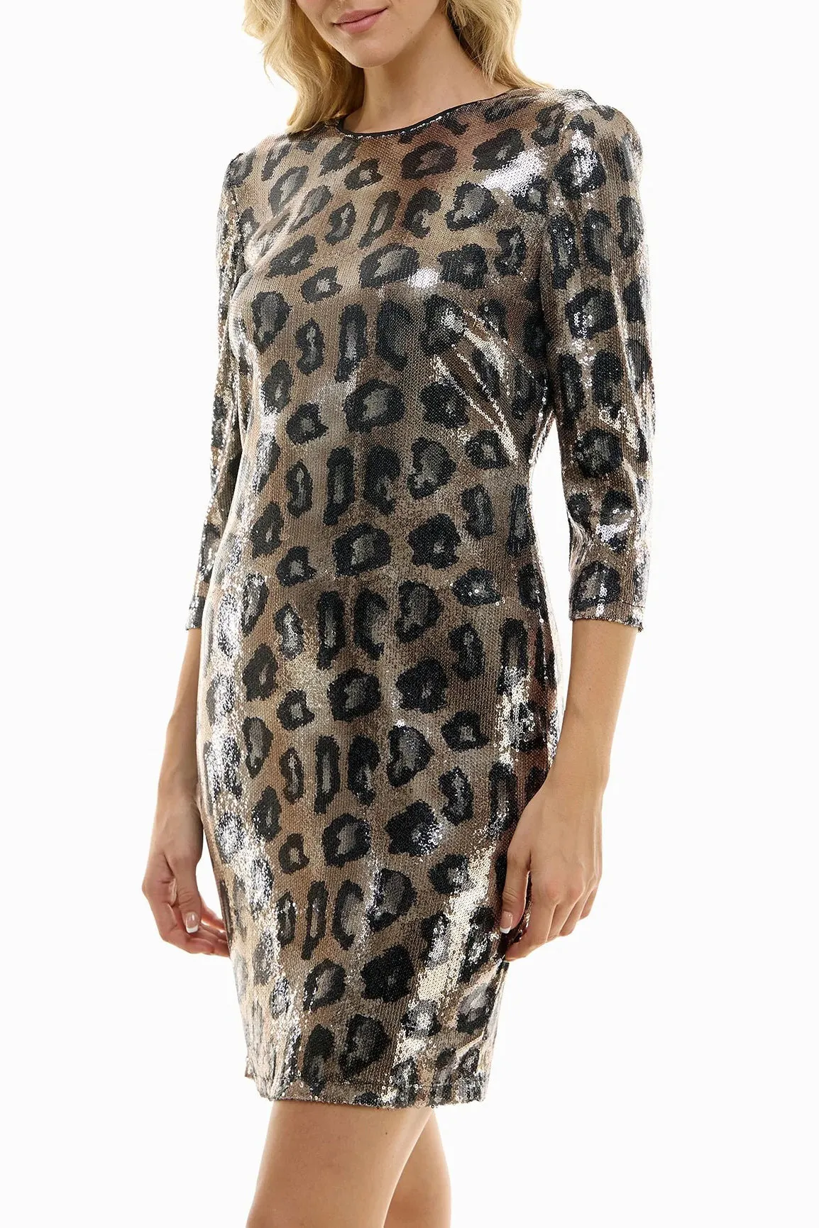 Nicole Miller boat neck 3/4 sleeve zipper closure shift sequined dress