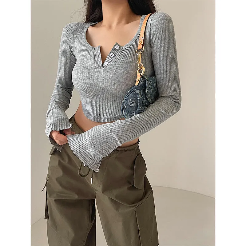 Olivia Solid Color Button Up Long Sleeve Ribbed Slim Cropped Top