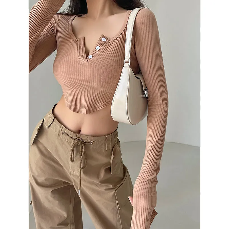 Olivia Solid Color Button Up Long Sleeve Ribbed Slim Cropped Top