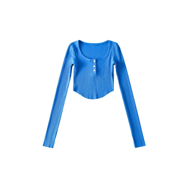 Olivia Solid Color Button Up Long Sleeve Ribbed Slim Cropped Top