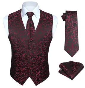 Paisley Floral 3pc Suit Vest Set - BURGUNDY/BLACK/N