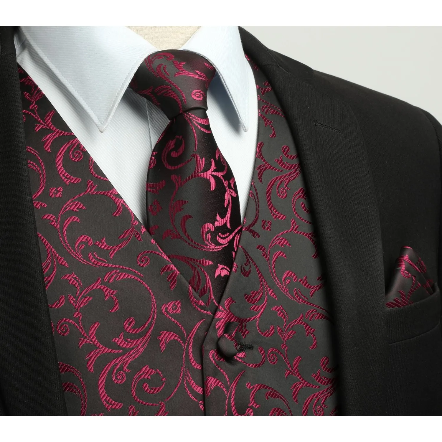 Paisley Floral 3pc Suit Vest Set - BURGUNDY/BLACK/N