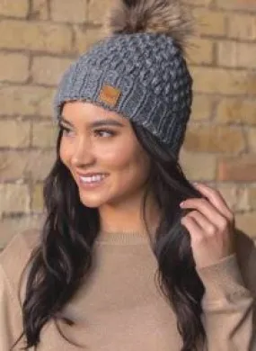 panache-Dark grey cable knit pom hat