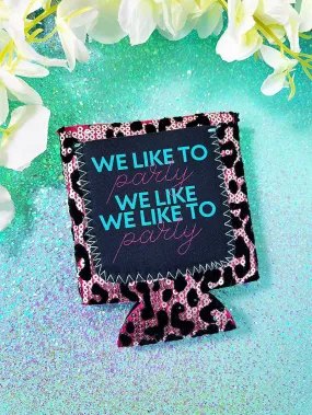 Peachy Keen We Like To Party Pink Sequin Black Leopard Velvet Regular Can Cooler