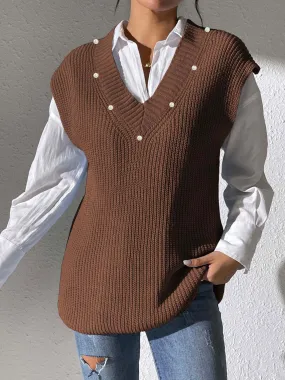 Pearl Trim V-Neck Sweater Vest