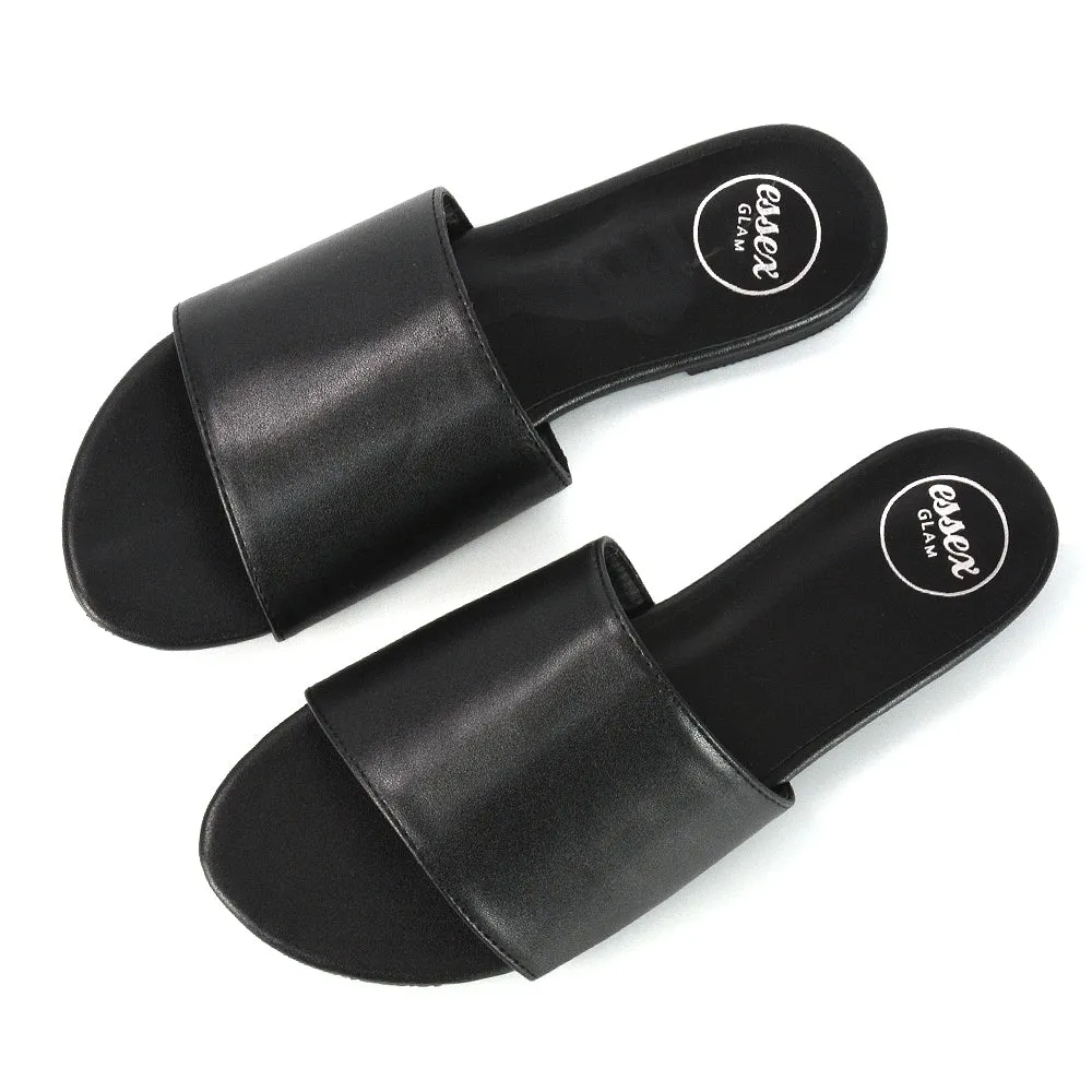 Peony Flat Strappy Slip on Slider Summer Sandals in Black Synthetic Leather