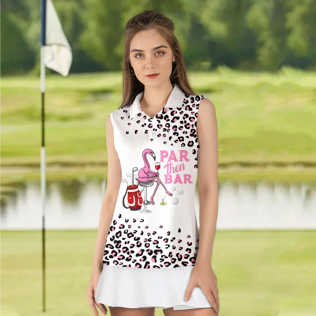 Personalized Name Pink Leopard Par Then Bar Flamingo Women Polo Shirt, Leopard Golf Shirt