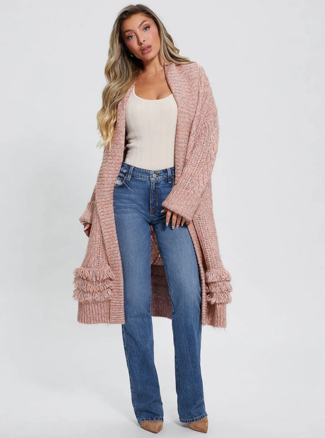 Pink Liliane Longline Knit Cardigan Jumper