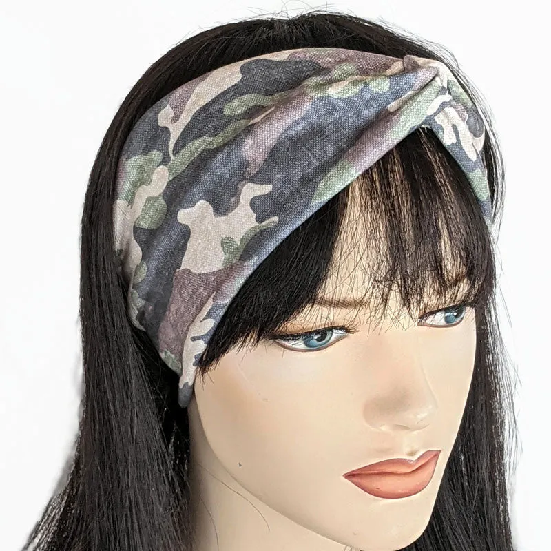 Premium, wide turban style comfy wde jersey knit  headband, camouflage