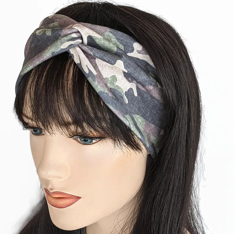 Premium, wide turban style comfy wde jersey knit  headband, camouflage