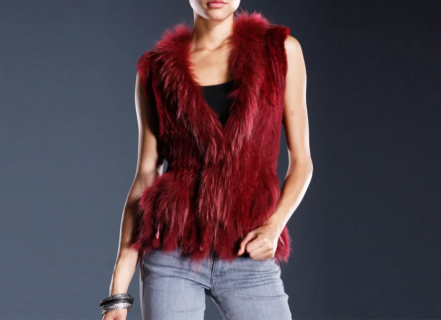 Rabbit Fur Vest with Raccoon Trim