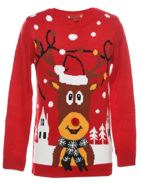 Reindeer Design Red Christmas Jumper - M