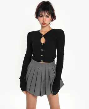 Rory Button Up Ribbed Long Sleeve Solid Color Black Top