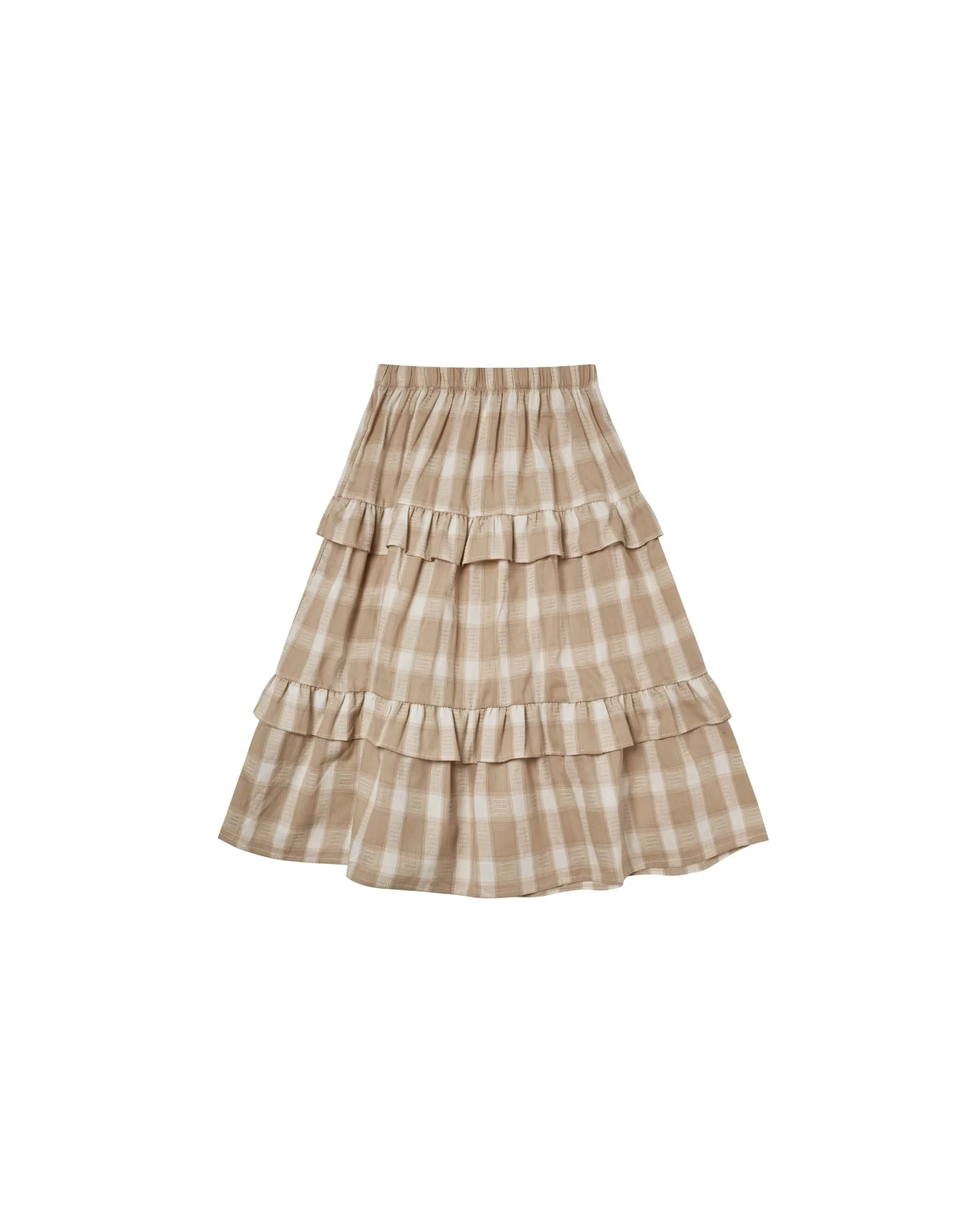 Rylee   Cru Ruffle Midi Skirt | Putty Plaid