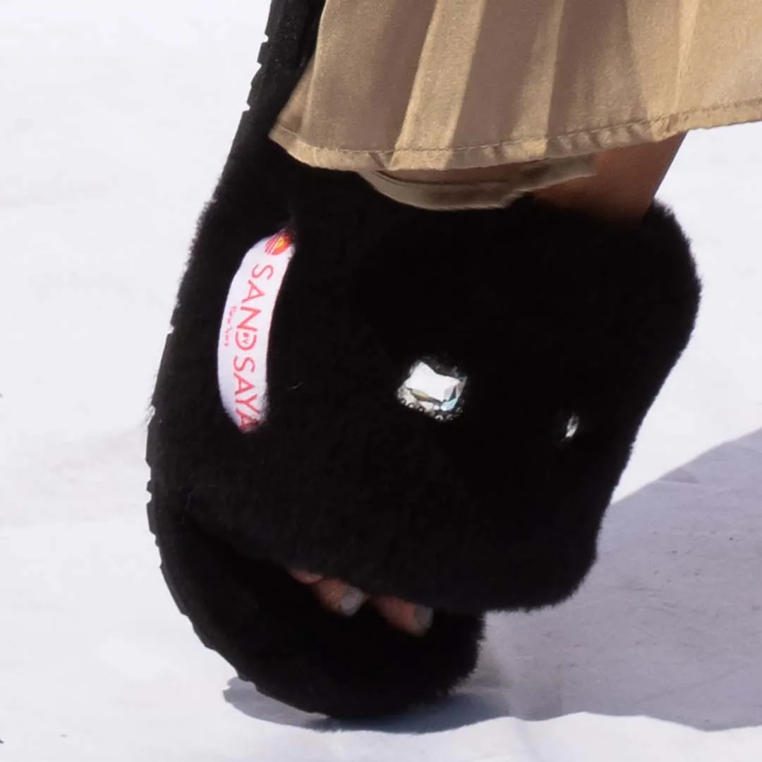 Sheep Fur Slippers with Crystal Studs - Ultra Fuzzy Ladies Room Shoes in Black