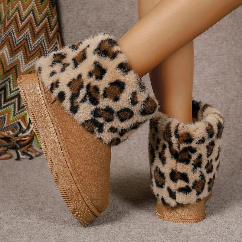 Sohiwoo Leopard Print Faux Fur Snow Boots Women Winter Thick Bottom Plush Ankle Boots Woman Non Slip Platform Winter Shoes 42