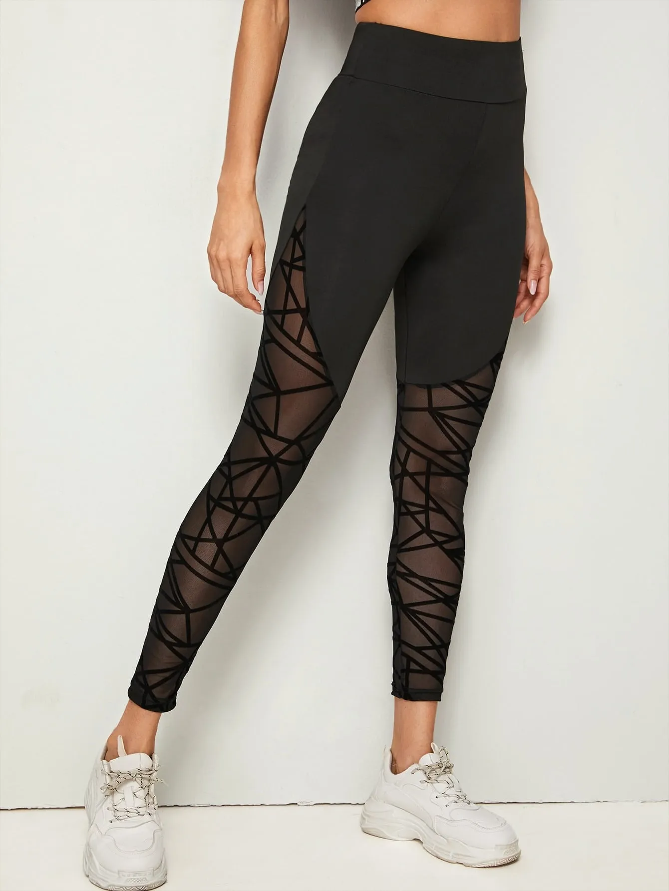 Sporty Plain Contrast Mesh Cropped Women Leggings