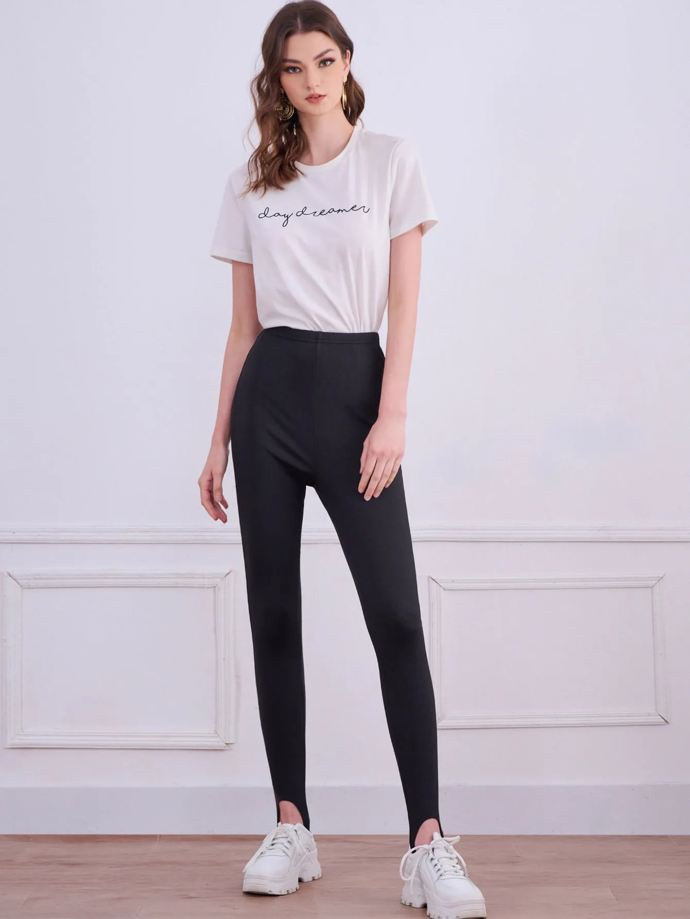 Sporty Plain Rib-Knit Long Women Leggings