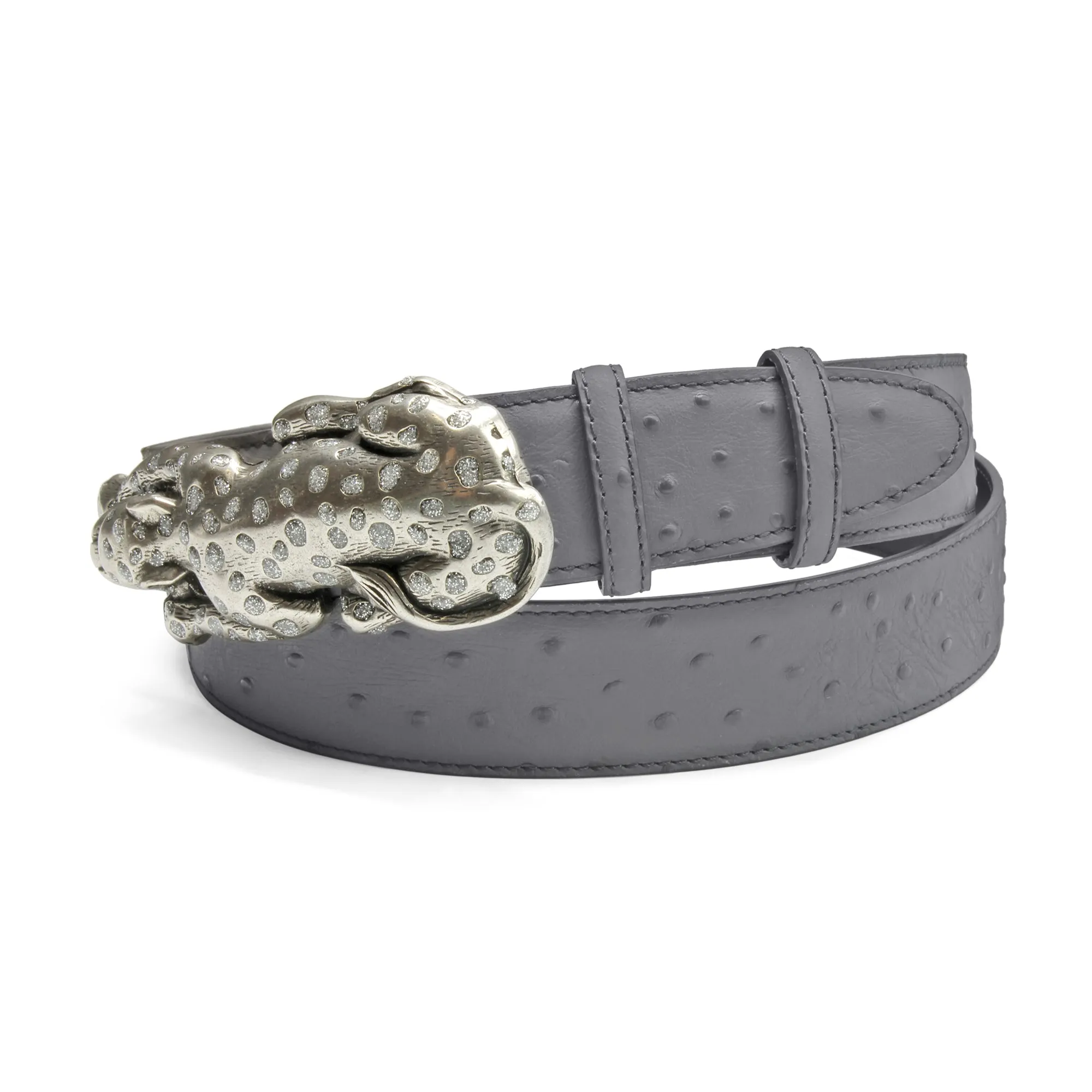 Steel Grey Mock Ostrich Enamel Leopard Belt