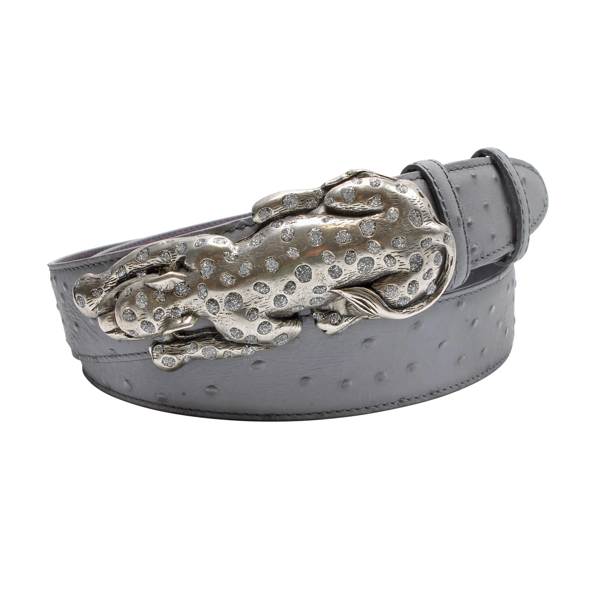 Steel Grey Mock Ostrich Enamel Leopard Belt