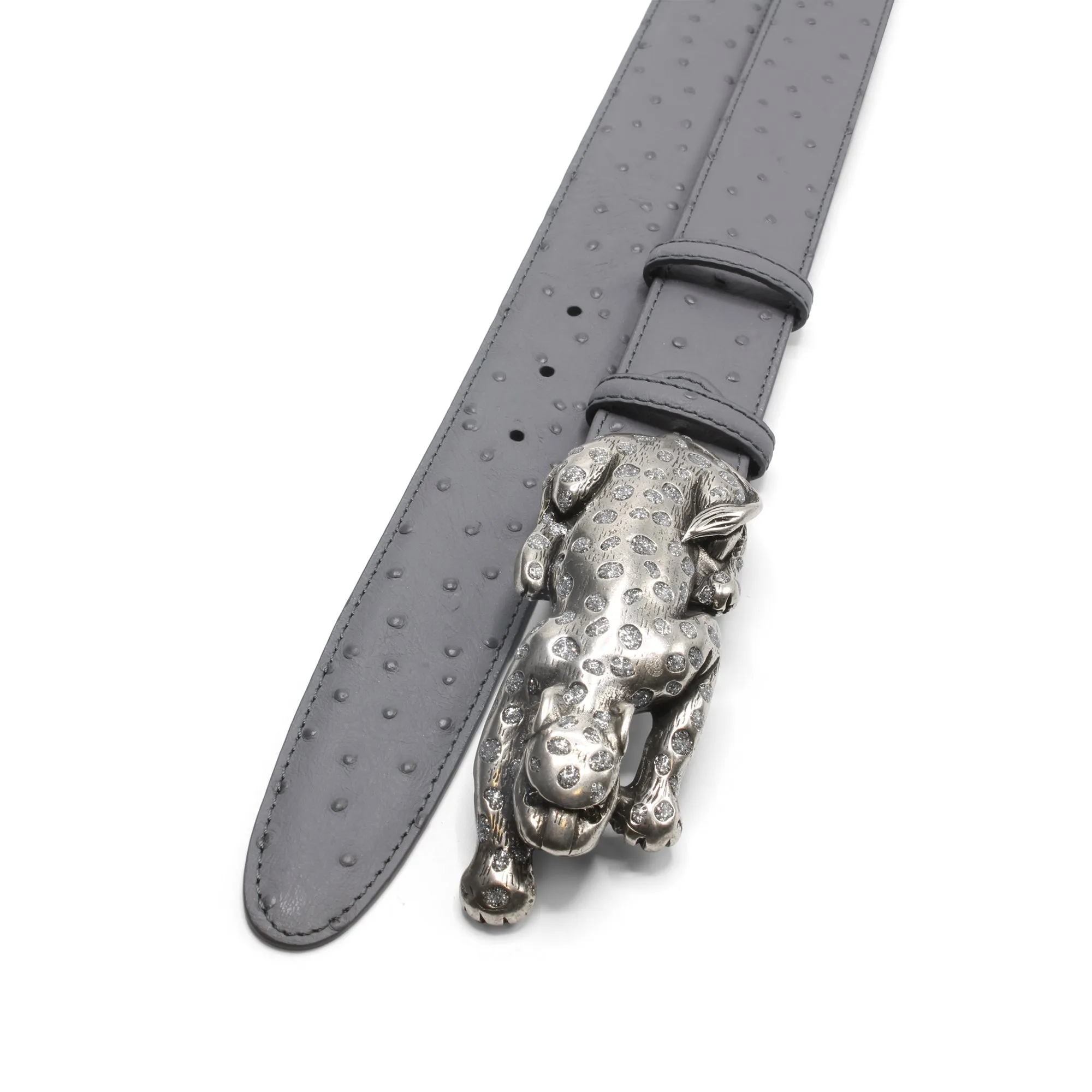 Steel Grey Mock Ostrich Enamel Leopard Belt