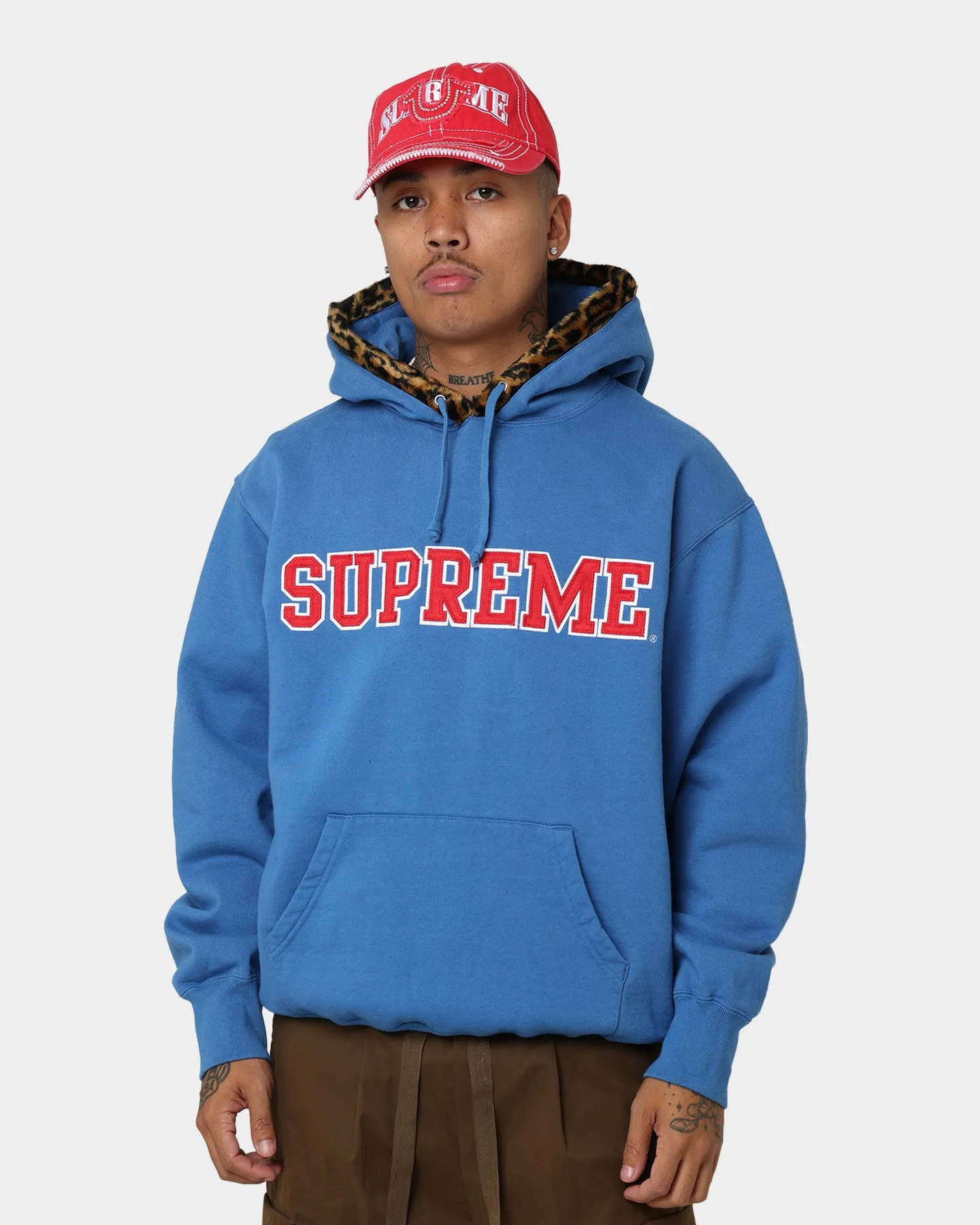 Supreme Leopard Trim Hooded Sweatshirt Blue