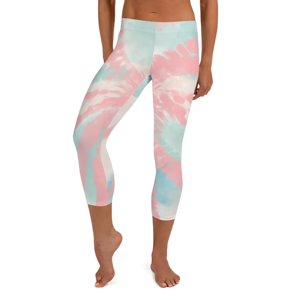 Tie Dye Capri Leggings, Pink Blue Printed Yoga Pants Cute Print Graphic Workout Running Gym Fun Designer Gift for Her Activewear