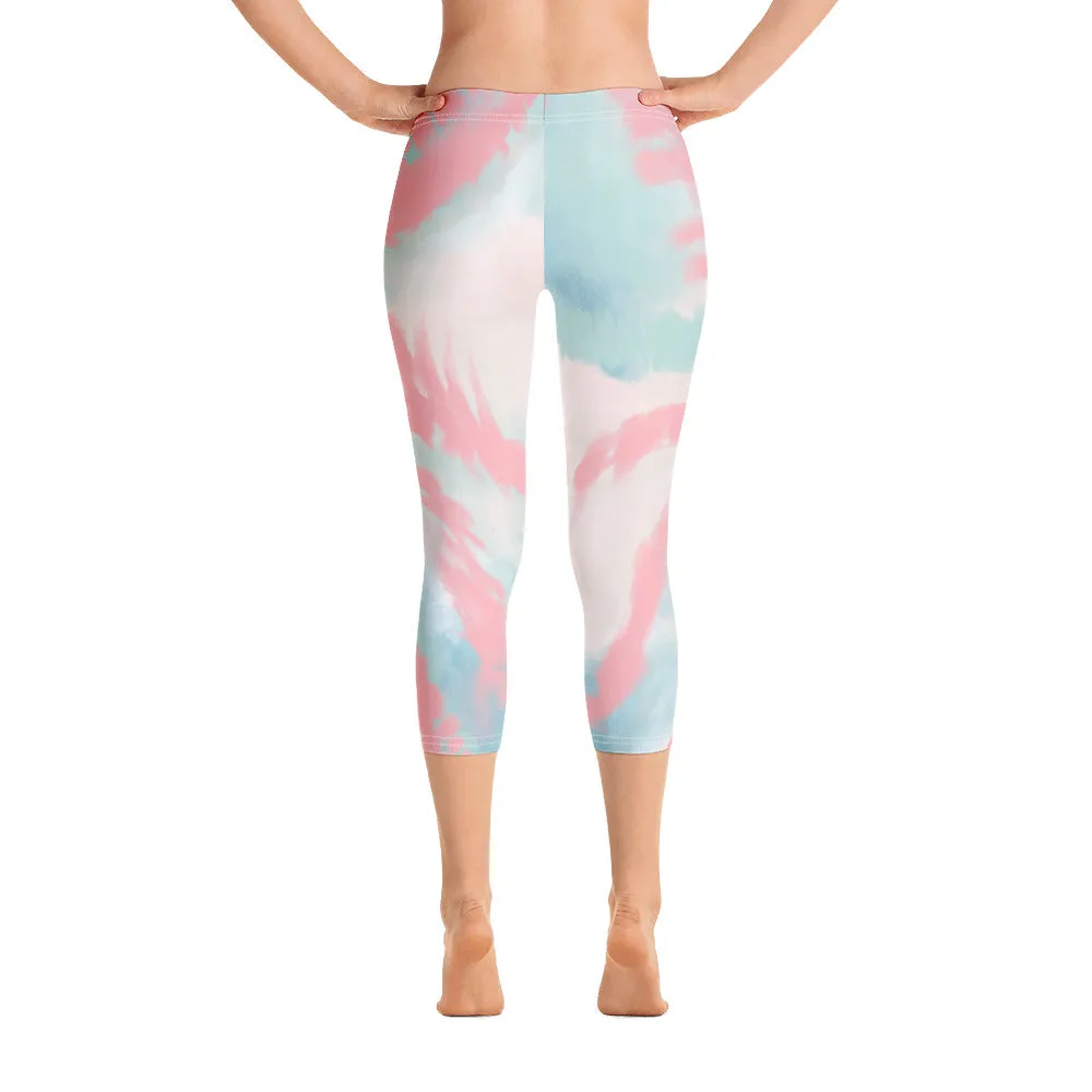 Tie Dye Capri Leggings, Pink Blue Printed Yoga Pants Cute Print Graphic Workout Running Gym Fun Designer Gift for Her Activewear