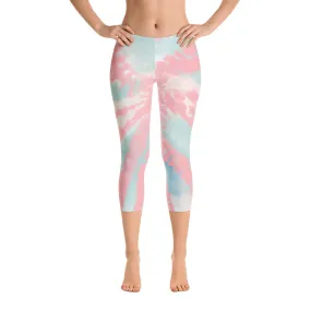 Tie Dye Capri Leggings, Pink Blue Printed Yoga Pants Cute Print Graphic Workout Running Gym Fun Designer Gift for Her Activewear